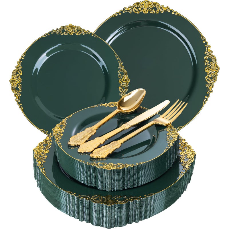 Joyido 125PCS Green and Gold Plastic Plates Fancy Green Disposable Plates Vintage Christmas Plate with Gold Plastic Silverware Set for 25 Guests for Party Xmas Holiday